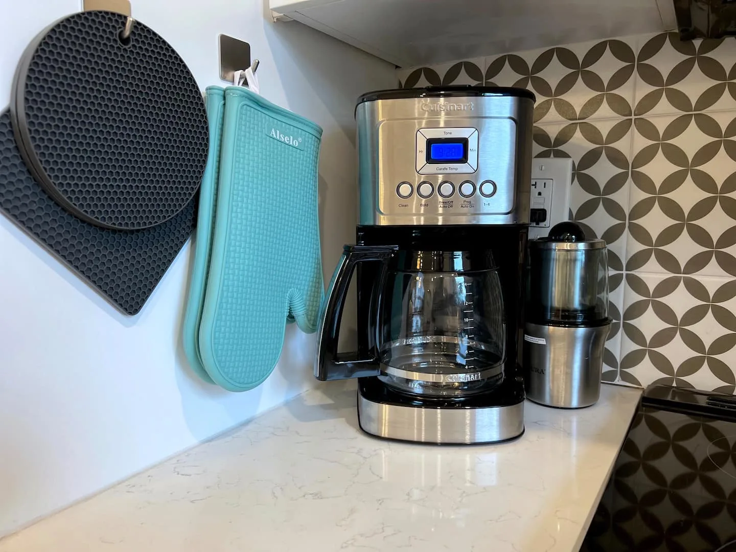 A coffee grinder and a full size coffee pot is also available. Not pictured - a french press and a tea kettle.